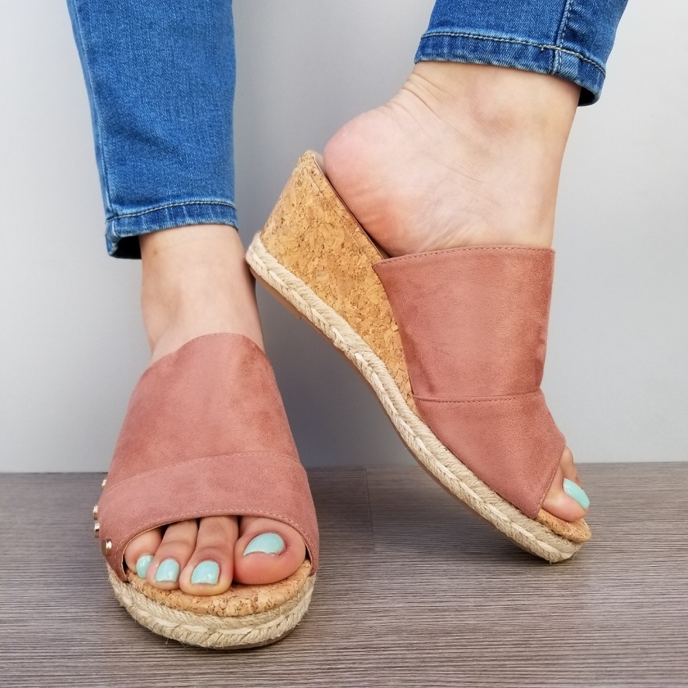 Suede Slip On Cork and Espadrille Wedge Sandal-D - Picture 3 of 6